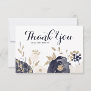 Navy and Blush Flowers Gold Foil Accents Thank You Card