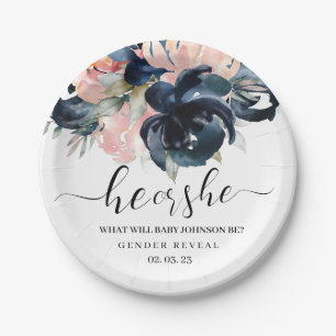 Navy and Blush gender reveal paper plates. Paper P Paper Plate
