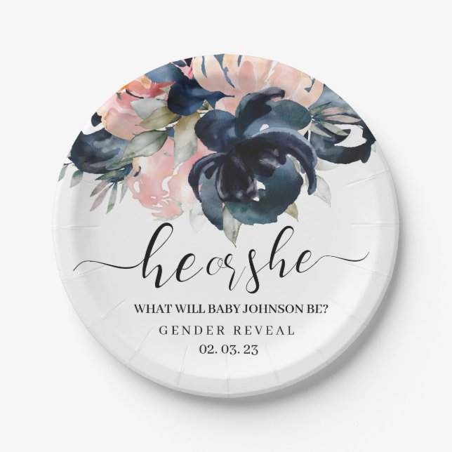 Navy and Blush gender reveal paper plates. Paper P Plate (Front)