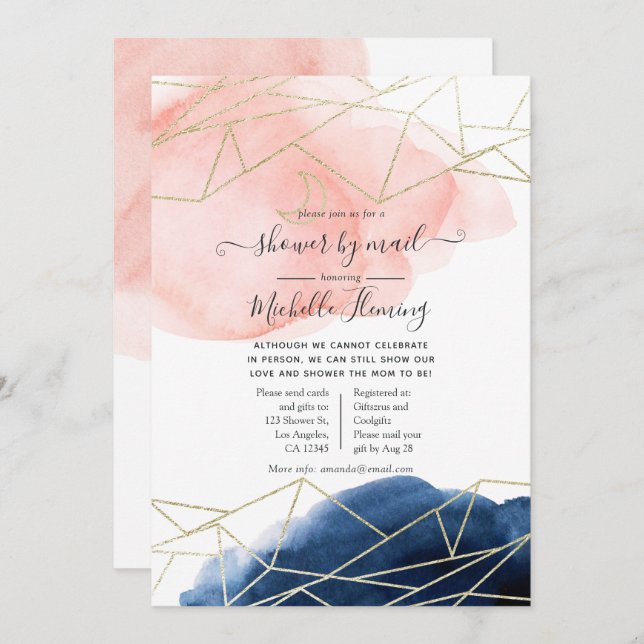 Navy and Blush Geometric Baby Shower by Mail Invitation (Front/Back)