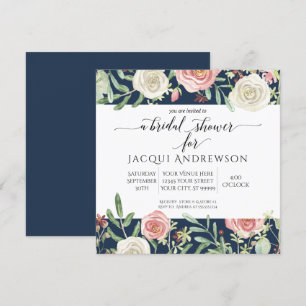 Navy and Blush Ivory Roses Floral Bridal Shower Invitation