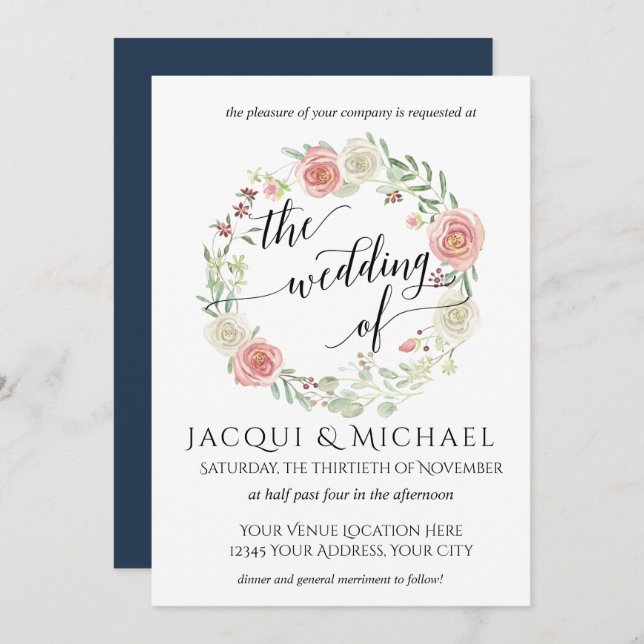 Navy and Blush Ivory Roses w Leaf Wreath Wedding Invitation (Front/Back)