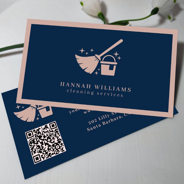 Navy And Blush Pink Cleaning Services QR code   Business Card (Creator Uploaded)