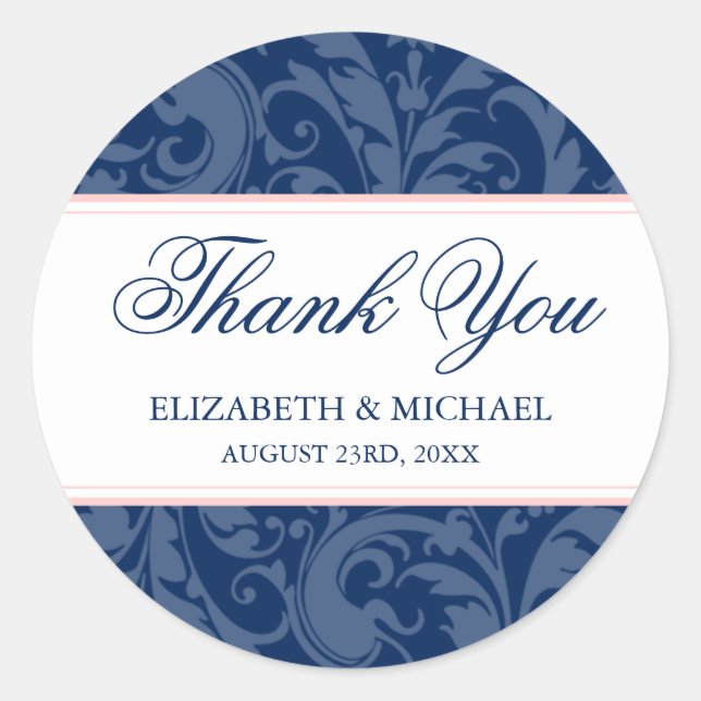 Navy and Blush Pink Damask Swirl Wedding Thank You Classic Round Sticker (Front)