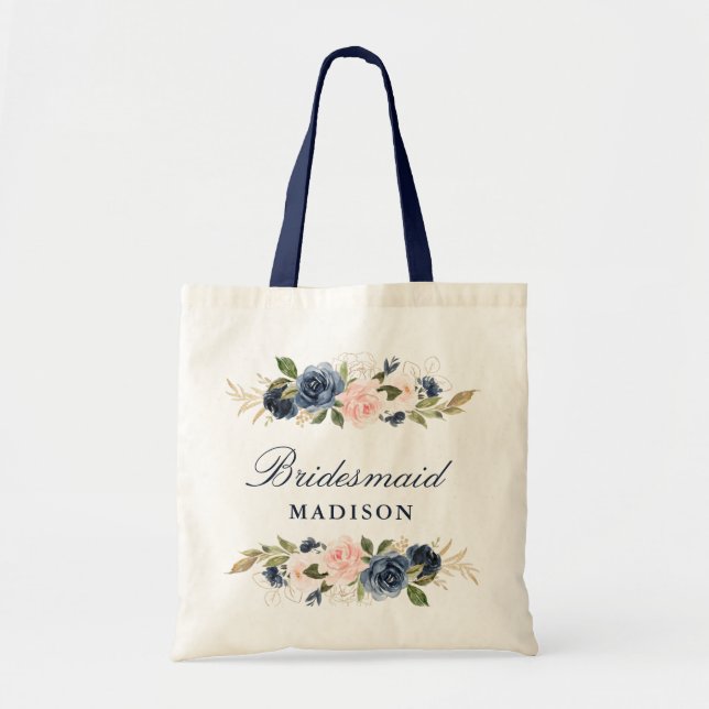 Navy and blush pink floral bridesmaid tote bag (Front)