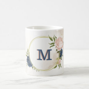 navy and blush pink flowers greenery coffee mug