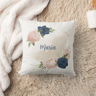 navy and blush pink flowers greenery cushion