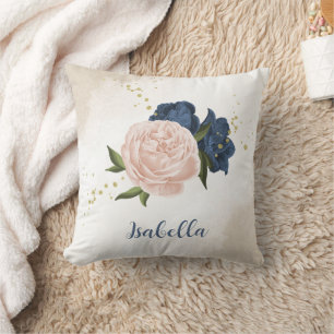 navy and blush pink flowers greenery cushion