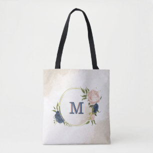navy and blush pink flowers greenery tote bag
