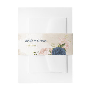 navy and blush pink flowers greenery wedding invitation belly band