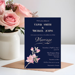 Navy and blush pink gold Floral Wedding Invitation
