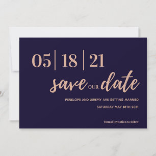 navy and blush pink modern script save the date