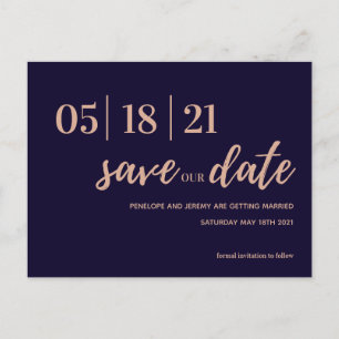 navy and blush pink modern script save the date postcard