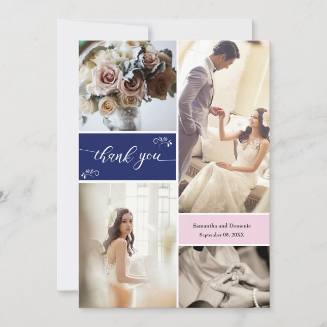 Navy and Blush Pink Script Thank you Collage Card (Front)