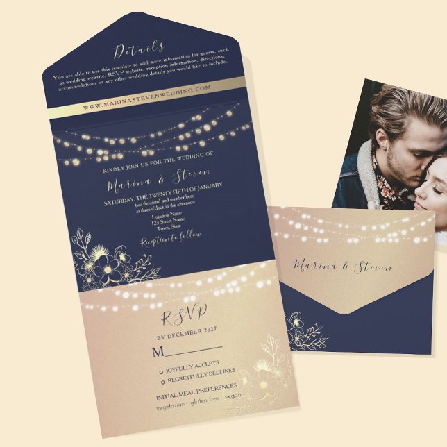 Navy and Blush String Lights Wedding All In One Invitation (Creator Uploaded)