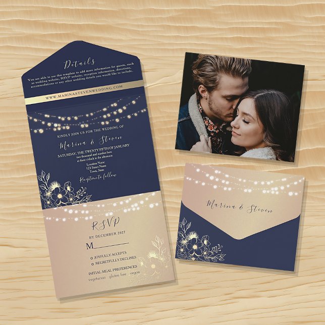 Navy and Blush String Lights Wedding All In One Invitation (Creator Uploaded)