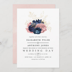 Navy and Blush Vintage Roses Wedding Invitation