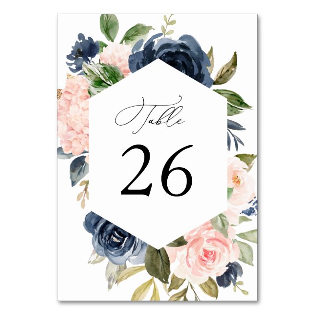Navy and blush watercolor floral wedding table number (Back)