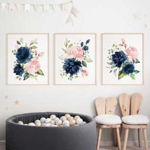 Navy and Blush Watercolor Flowers, Girl Nursery