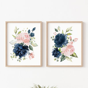 Navy and Blush Watercolor Flowers, Girl Nursery