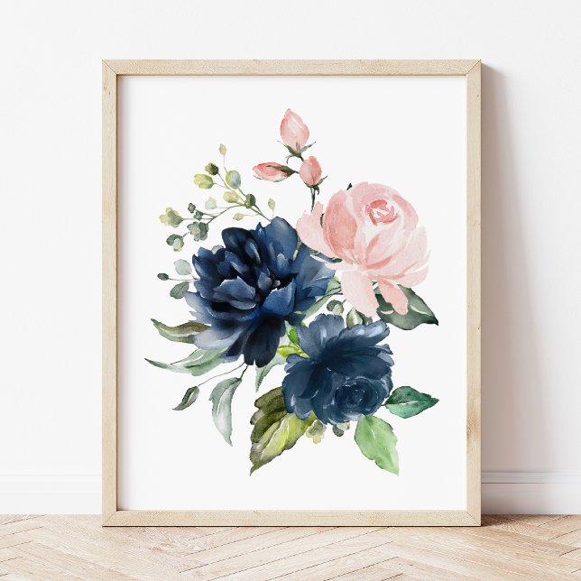 Navy and Blush Watercolor Flowers, Girl Nursery Photo Print (Creator Uploaded)