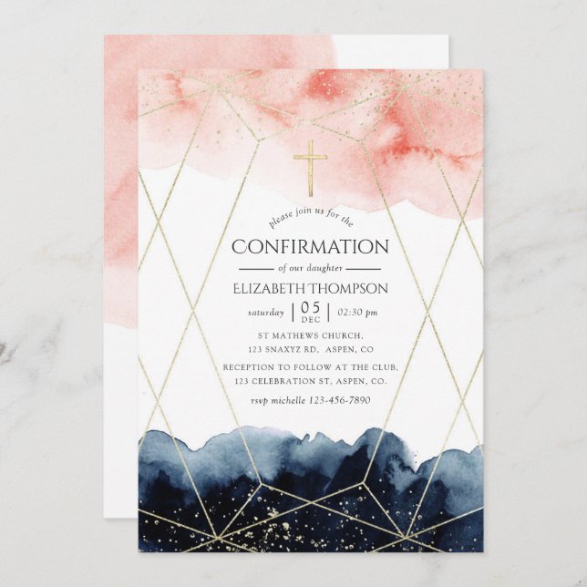 Navy and Blush Watercolor Geometric Confirmation Invitation (Front/Back)