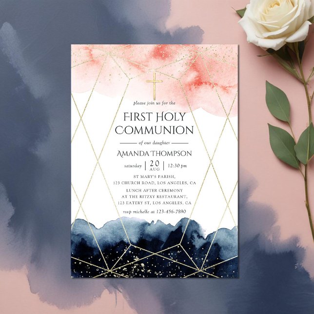 Navy and Blush Watercolor Geometric Holy Communion Invitation (First Holy Communion invitation)