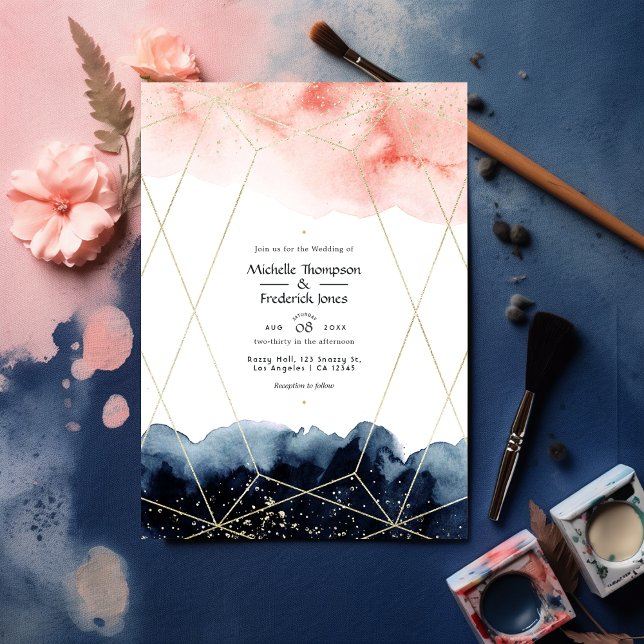 Navy and Blush Watercolor Geometric Wedding Invitation (Creator Uploaded)