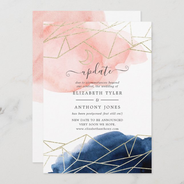 Navy and Blush Watercolor Geometric Wedding Update Invitation (Front/Back)
