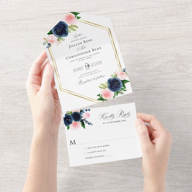 navy and blush wedding all in one invitation (Tearaway)