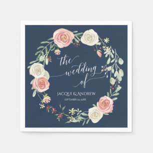 Navy and Blush Wedding Ivory White rose Eucalyptus Napkin
