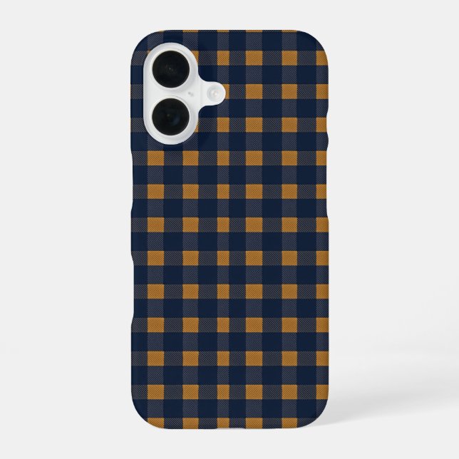 Navy and Brown Plaid Checkered Pattern iPhone 16 Case (Back)