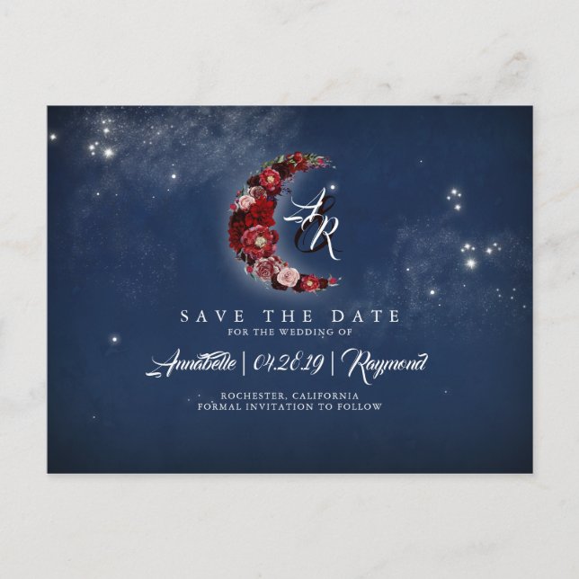 Navy and Burgundy Floral Celestial Save the Date Announcement Postcard (Front)