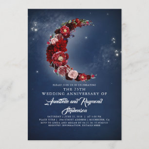 Navy and Burgundy Floral Moon Wedding Anniversary Invitation
