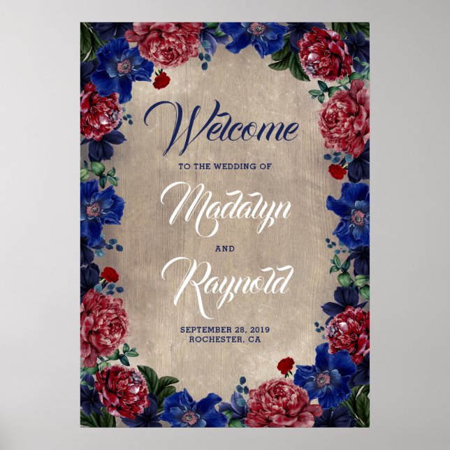 Navy and Burgundy Floral Rustic Wedding Welcome Poster (Front)