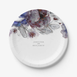 Navy and Burgundy Floral Watercolor Elegant Paper Plate