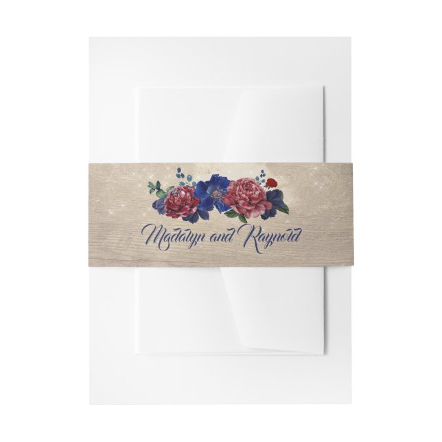 Navy and Burgundy Floral Wood Rustic Wedding Invitation Belly Band (Front Example)