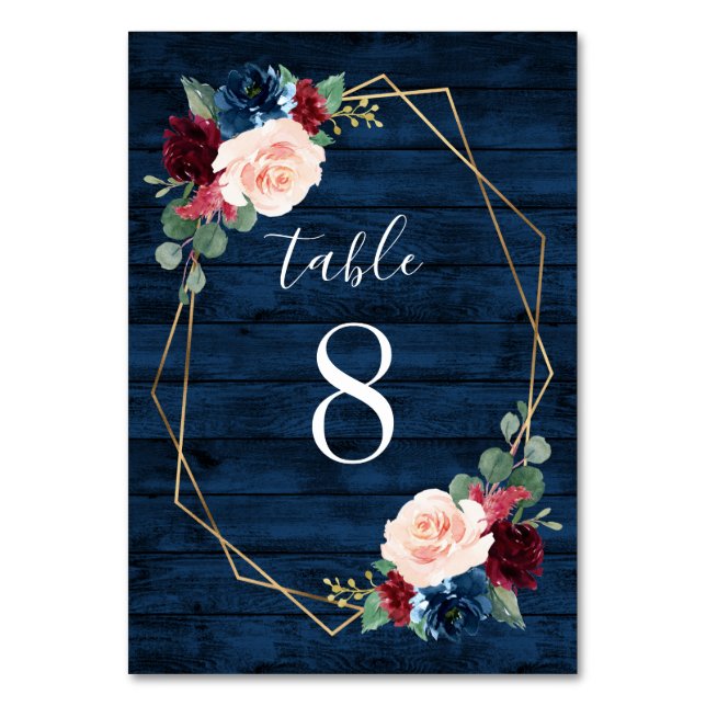Navy and Burgundy Gold Blush Wedding Table Numbers (Front)