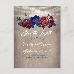 Navy and Burgundy Rustic Country Save the Date Announcement Postcard