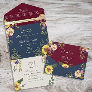 Navy and Burgundy Rustic Floral Wedding All In One Invitation