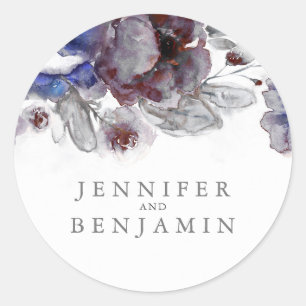 Navy and Burgundy Watercolor Flowers Classic Round Sticker