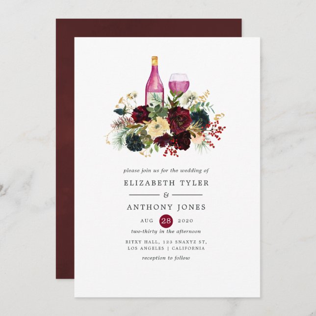 Navy and Burgundy Wine Christmas Floral Wedding Invitation (Front/Back)