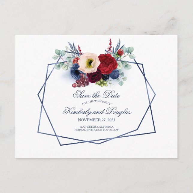 Navy and Burgundy Winery Bouquet Save the Date Announcement Postcard (Front)