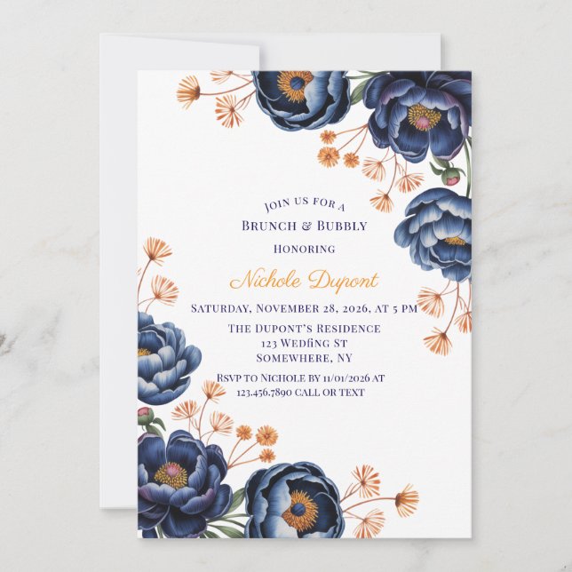 Navy and Burnt Orange Floral Brunch & Bubbly Invitation (Front)