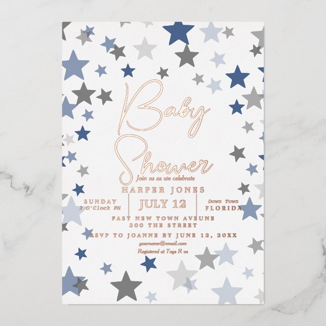 navy and copper star Baby Shower Invite sip & see (Front)