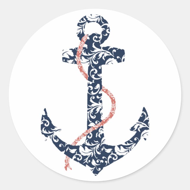Navy and Coral Anchor Beach Wedding Classic Round Sticker (Front)