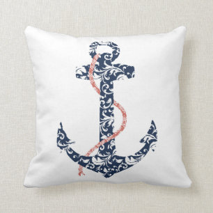 Navy and Coral Anchor Beach Wedding Cushion