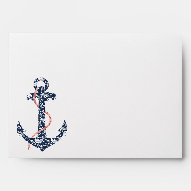 Navy and Coral Anchor Beach Wedding Envelopes (Front)
