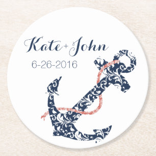 Navy and Coral Anchor Beach Wedding Round Paper Coaster