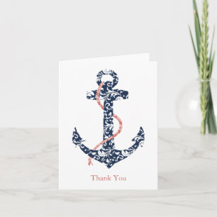 Navy and Coral Anchor Beach Wedding Thank You Card